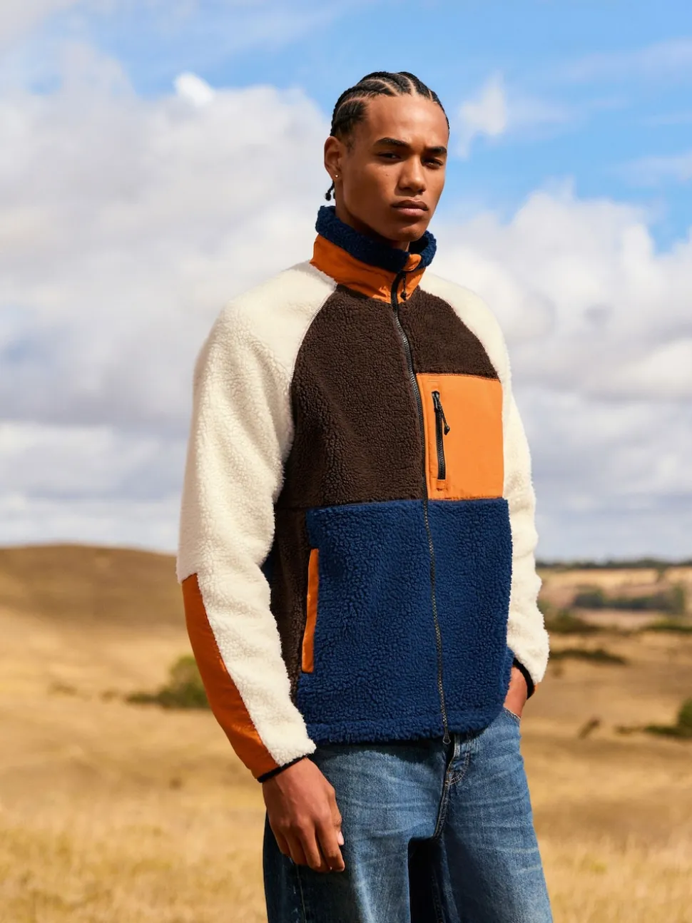 Ochre Orange/Ecru Neutral Colourblock Zip Through Funnel Fleece
