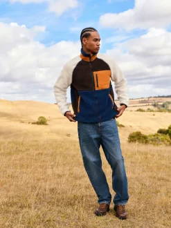Ochre Orange/Ecru Neutral Colourblock Zip Through Funnel Fleece