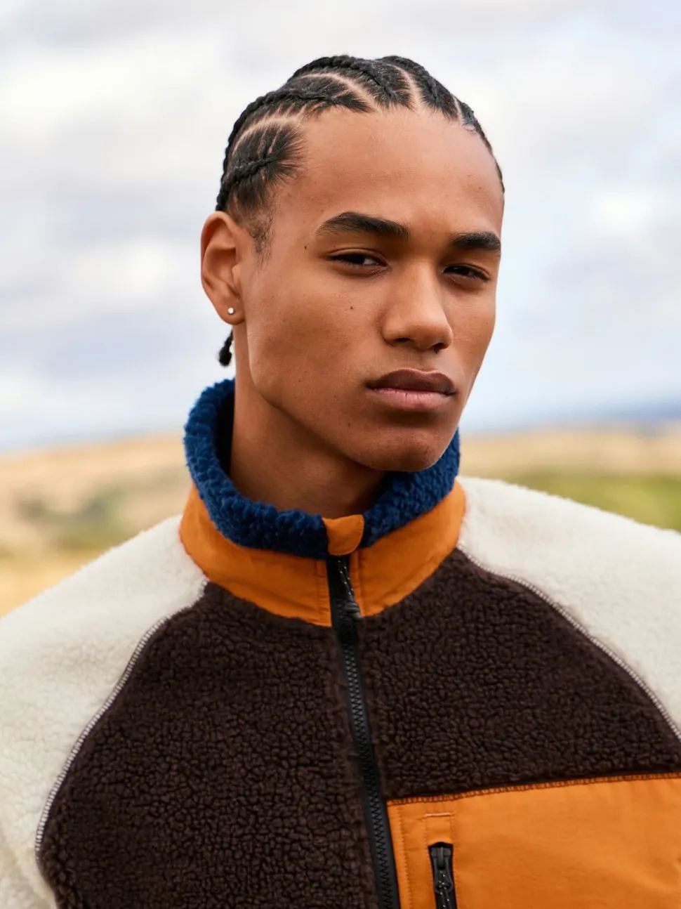 Ochre Orange/Ecru Neutral Colourblock Zip Through Funnel Fleece