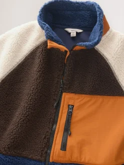 Ochre Orange/Ecru Neutral Colourblock Zip Through Funnel Fleece