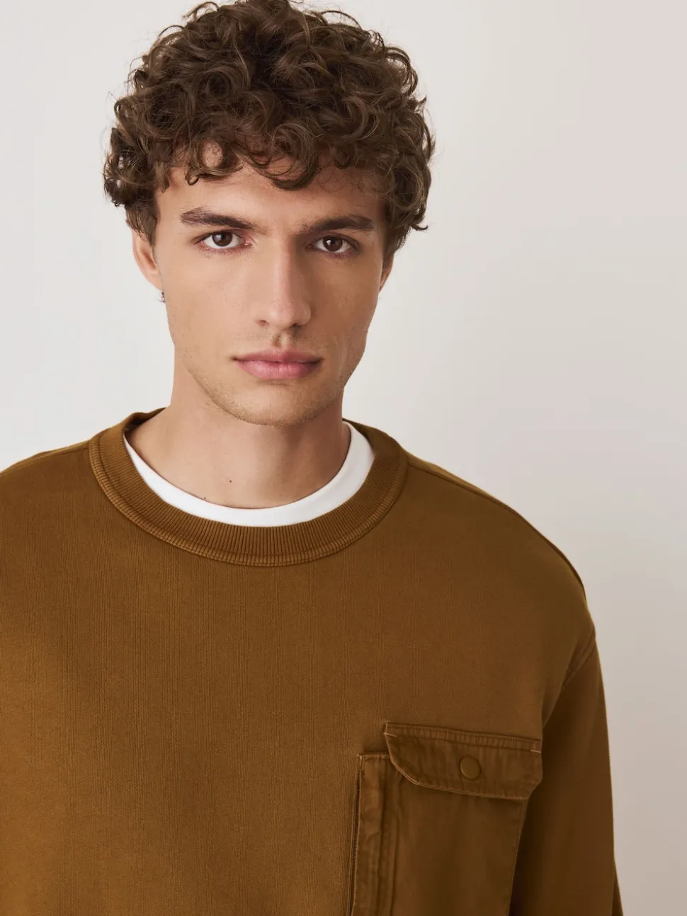 Ochre Yellow Garment Washed Utility Crew Neck Sweatshirt