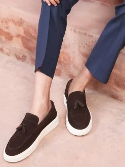 Off The Hook Brown Rory Suede Tassel Loafers with Flat Sole