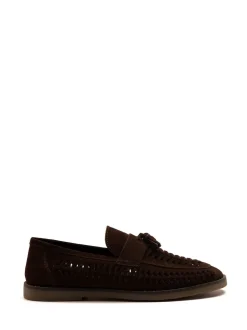 Off The Hook Brown Tiger Tassel Suede Leather Slip-On Loafers with Woven Detail