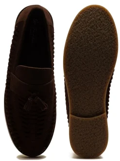 Off The Hook Brown Tiger Tassel Suede Leather Slip-On Loafers with Woven Detail