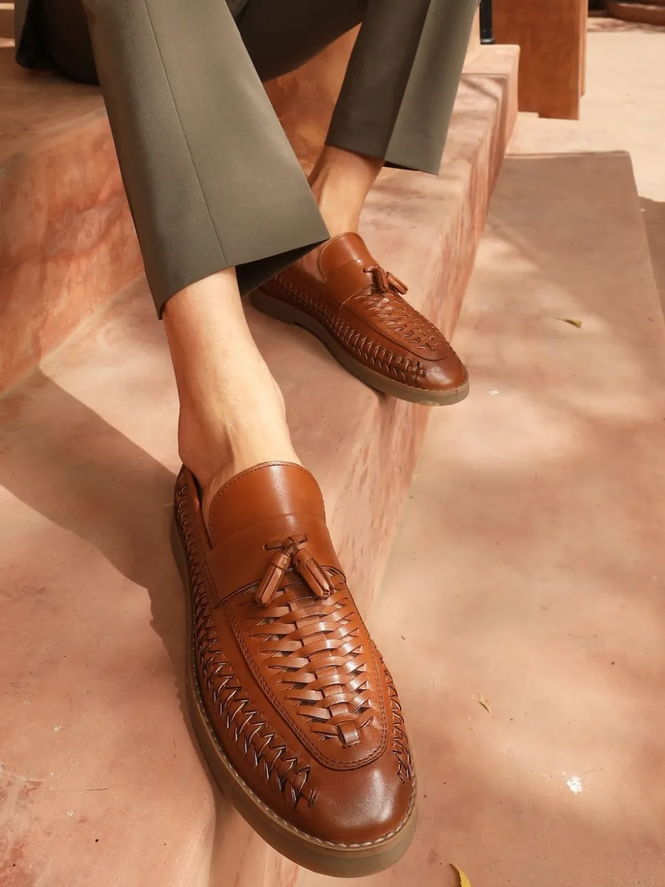 Off The Hook Dark Brown Tiger Tassel Suede Leather Slip-On Loafers with Woven Detail
