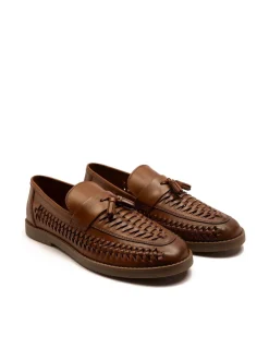 Off The Hook Dark Brown Tiger Tassel Suede Leather Slip-On Loafers with Woven Detail