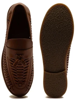 Off The Hook Dark Brown Tiger Tassel Suede Leather Slip-On Loafers with Woven Detail