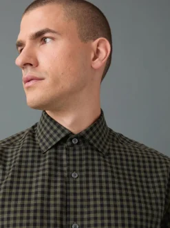 Olive Green Gingham Regular Fit Check Soft Touch 100% Cotton Smart Long Sleeve Shirt