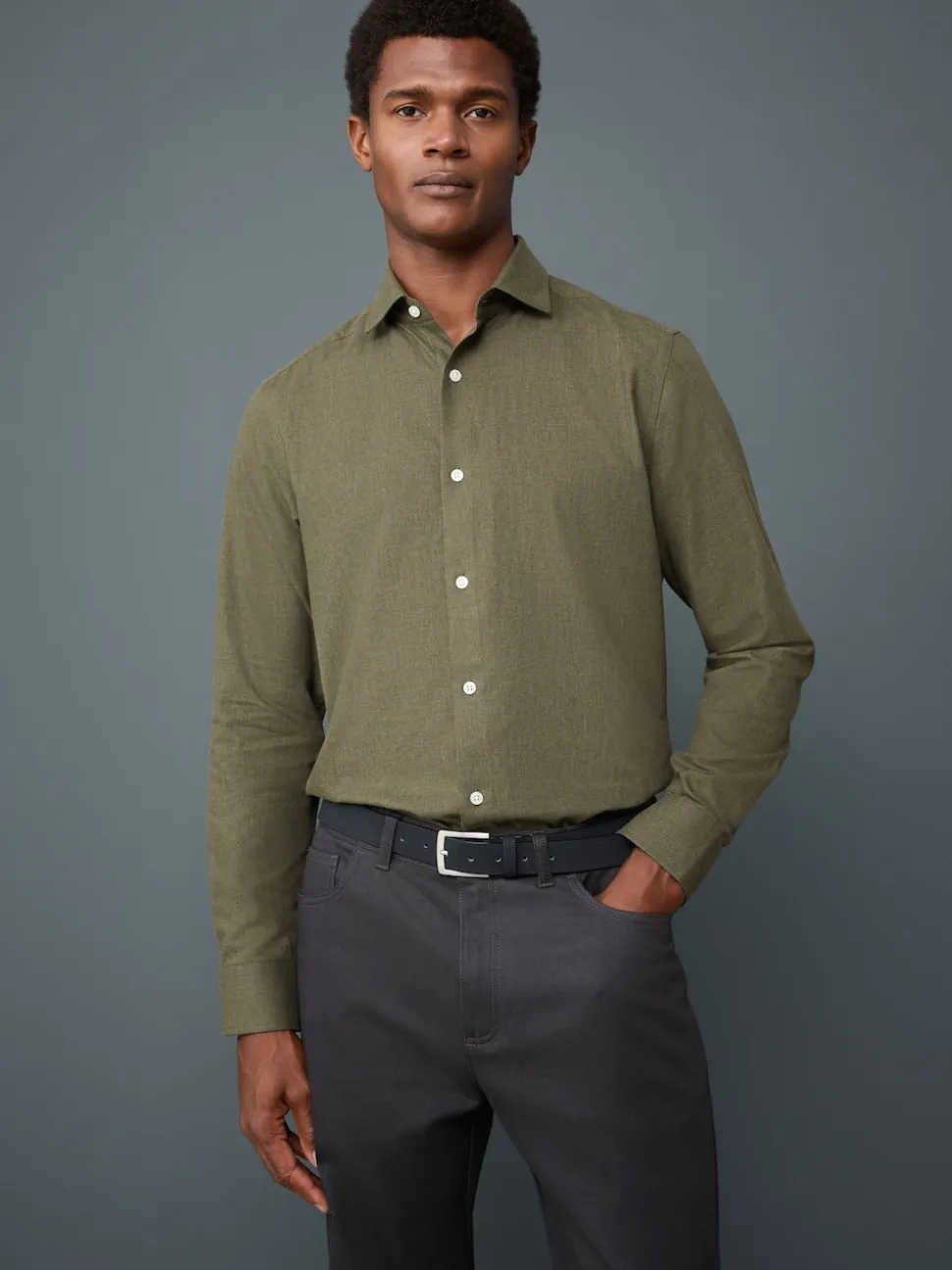 Olive Green Long Sleeve Soft Touch Smart Shirt