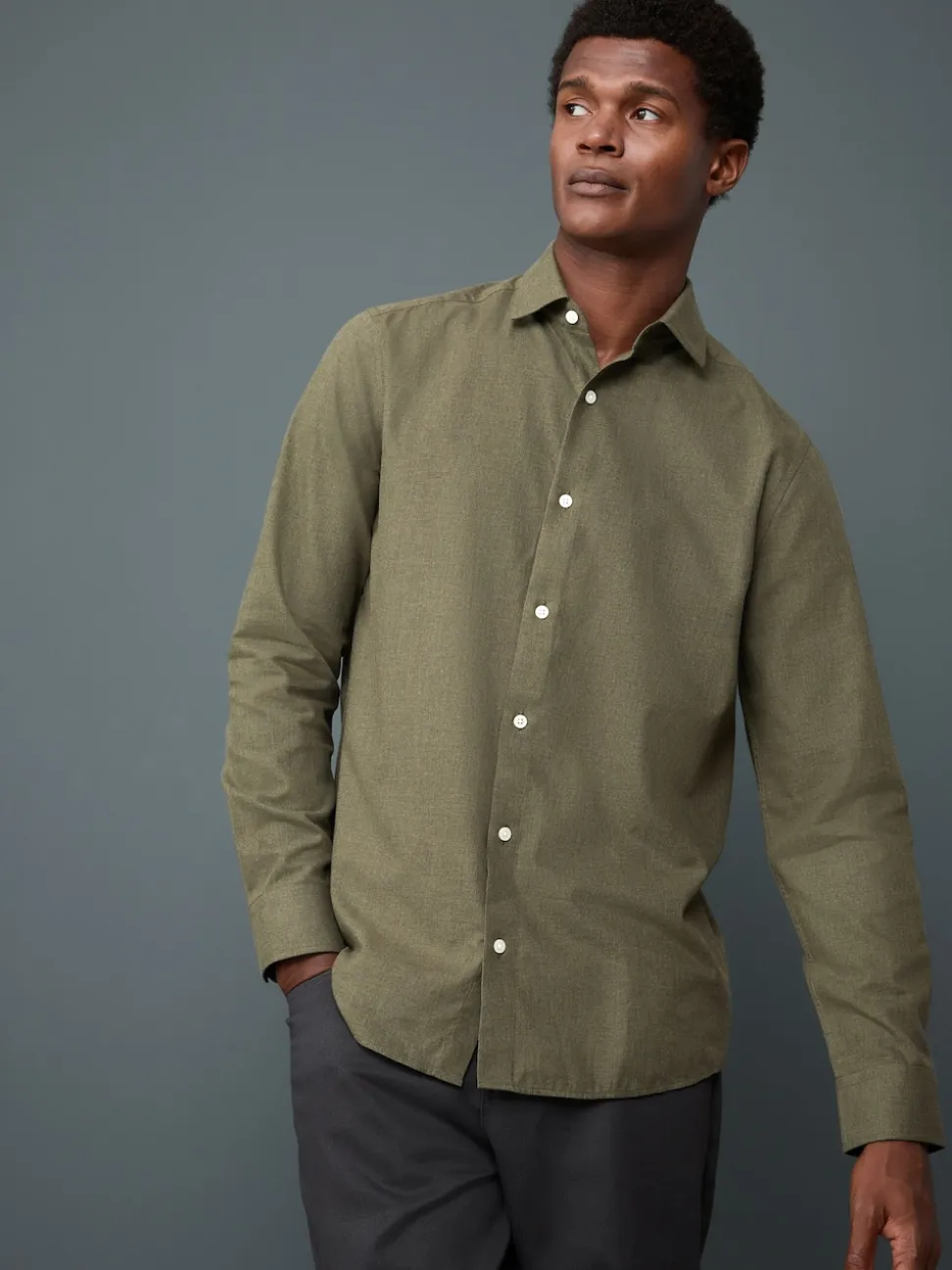 Olive Green Long Sleeve Soft Touch Smart Shirt