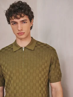 Olive Green N.Premium Regular Fit Checkerboard Knitted Short Sleeve Zip Neck Polo Shirt