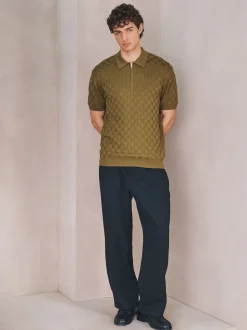 Olive Green N.Premium Regular Fit Checkerboard Knitted Short Sleeve Zip Neck Polo Shirt
