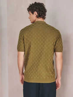 Olive Green N.Premium Regular Fit Checkerboard Knitted Short Sleeve Zip Neck Polo Shirt