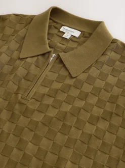 Olive Green N.Premium Regular Fit Checkerboard Knitted Short Sleeve Zip Neck Polo Shirt