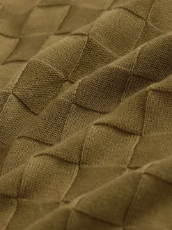 Olive Green N.Premium Regular Fit Checkerboard Knitted Short Sleeve Zip Neck Polo Shirt