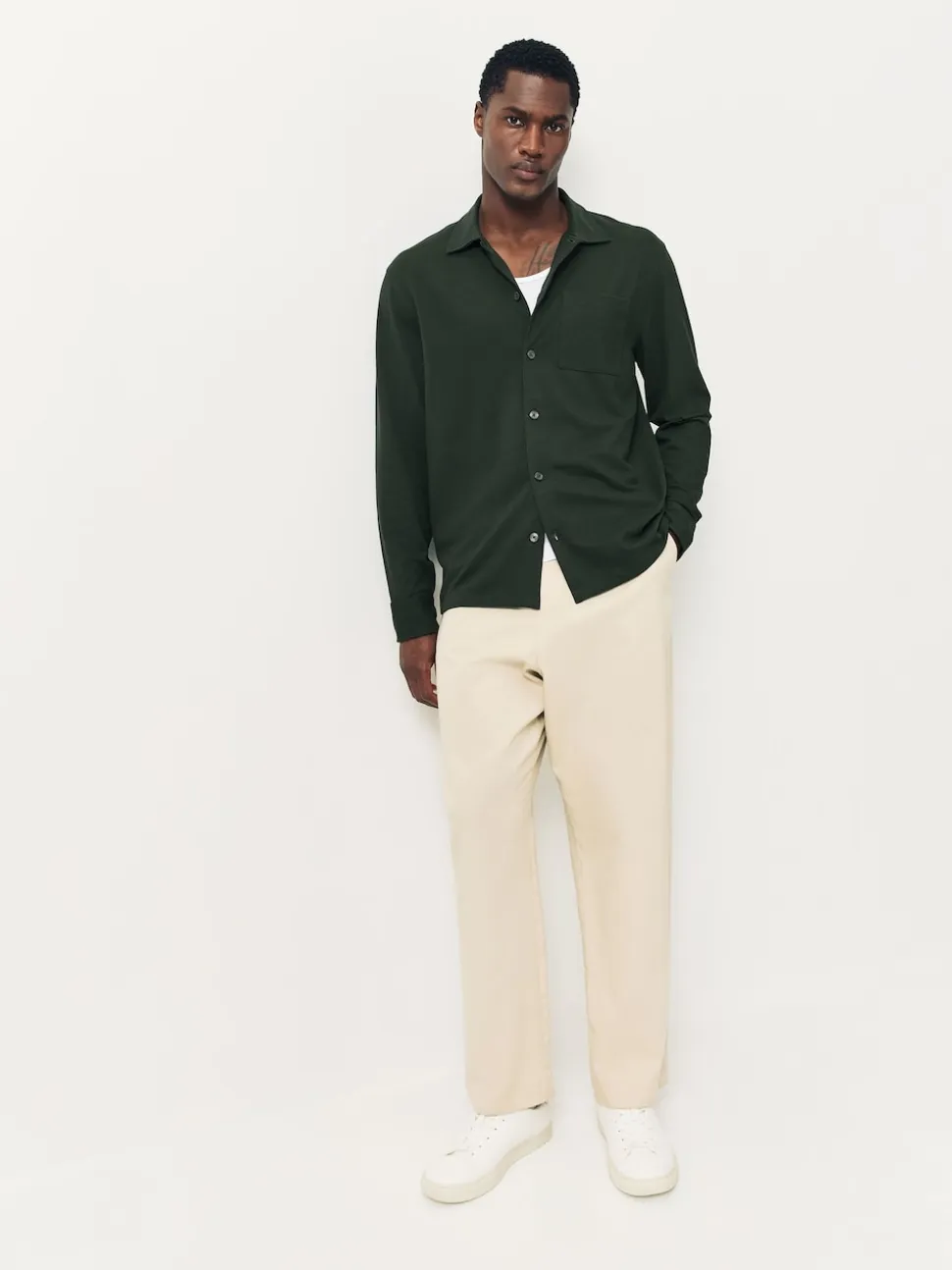 Olive Green Pique Jersey Long Sleeve Over Shirt