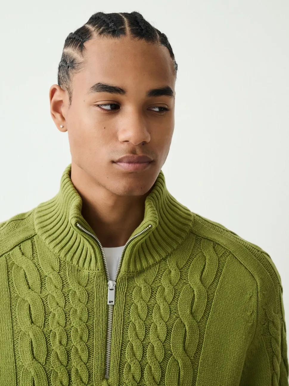 Olive Green Regular Fit Cotton Rich Cable Quarter Zip Neck Jumper