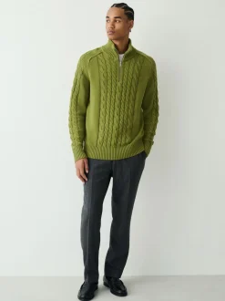 Olive Green Regular Fit Cotton Rich Cable Quarter Zip Neck Jumper