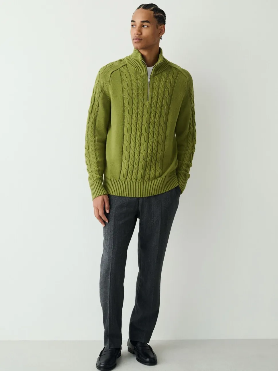 Olive Green Regular Fit Cotton Rich Cable Quarter Zip Neck Jumper