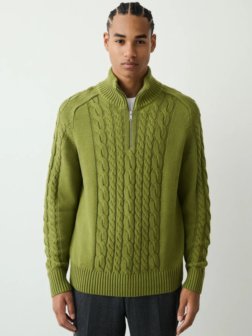 Olive Green Regular Fit Cotton Rich Cable Quarter Zip Neck Jumper