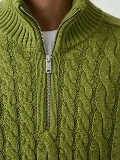 Olive Green Regular Fit Cotton Rich Cable Quarter Zip Neck Jumper