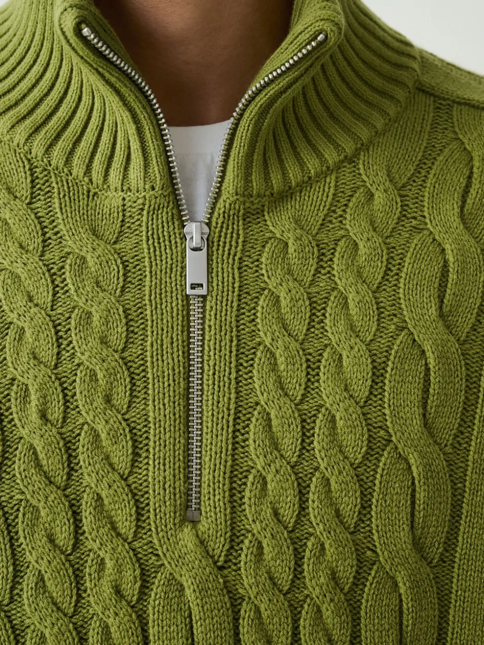 Olive Green Regular Fit Cotton Rich Cable Quarter Zip Neck Jumper