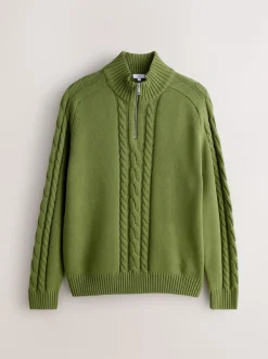 Olive Green Regular Fit Cotton Rich Cable Quarter Zip Neck Jumper