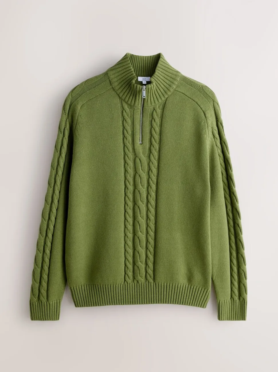 Olive Green Regular Fit Cotton Rich Cable Quarter Zip Neck Jumper