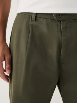 Olive Green Regular Tapered Fit Single Pleated Stretch Chinos Trousers