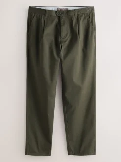 Olive Green Regular Tapered Fit Single Pleated Stretch Chinos Trousers
