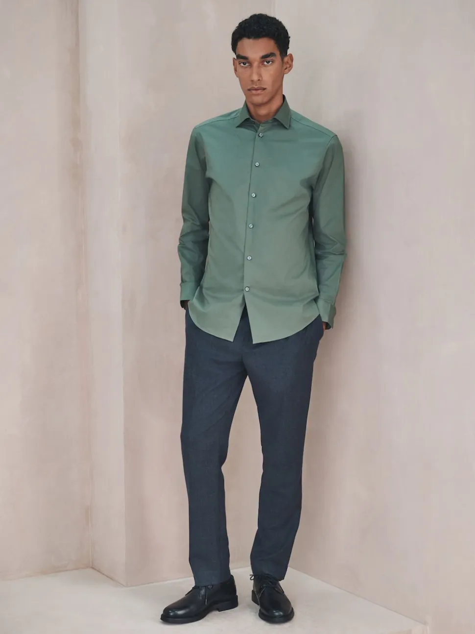 Olive Green Slim Fit Cotton Stretch Long Sleeve Formal Shirt