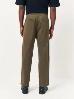 Olive Green Straight Fit Pleated Stretch Chinos Trousers With Elasticated Waist