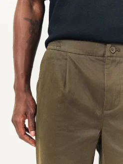 Olive Green Straight Fit Pleated Stretch Chinos Trousers With Elasticated Waist