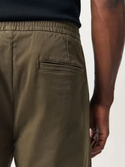 Olive Green Straight Fit Pleated Stretch Chinos Trousers With Elasticated Waist