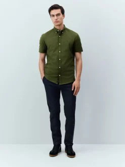 Olive Green Stretch Oxford Short Sleeve Shirt