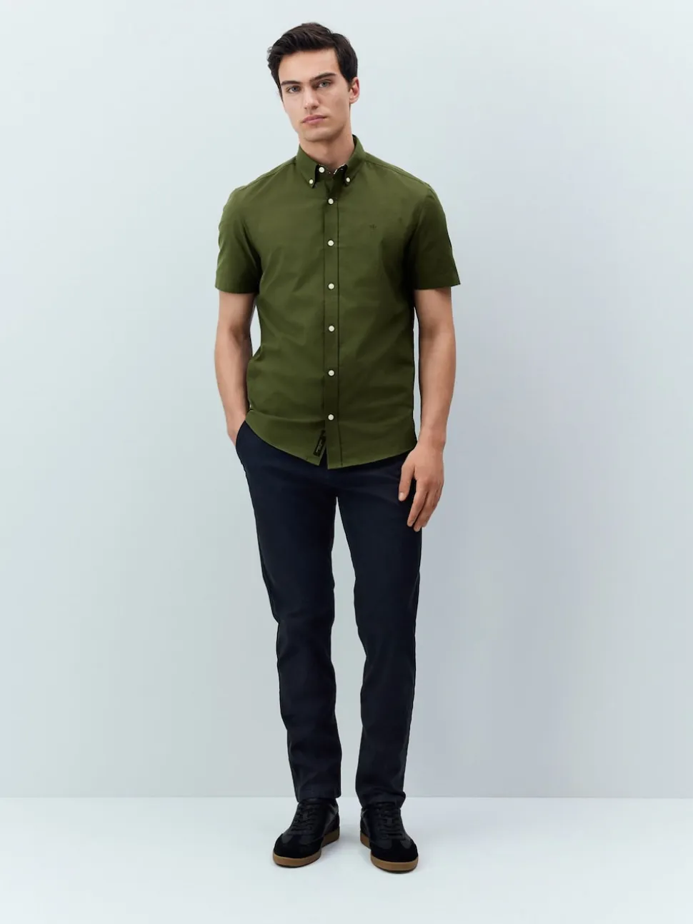 Olive Green Stretch Oxford Short Sleeve Shirt