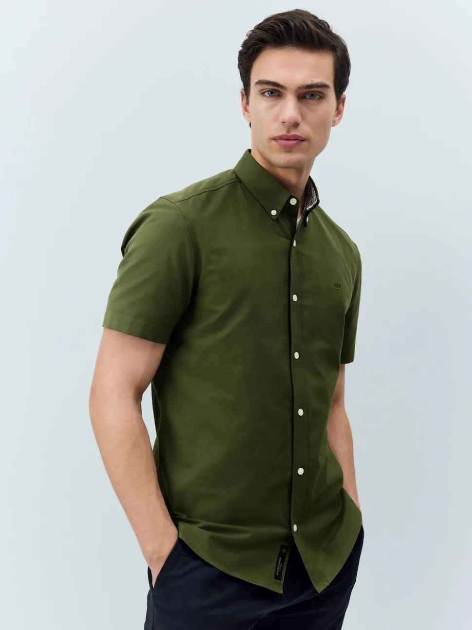 Olive Green Stretch Oxford Short Sleeve Shirt