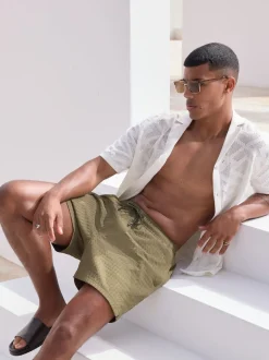 Olive Green Waffle Textured Swim Shorts