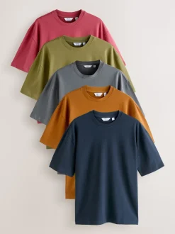 Orange/Grey/Green/Navy Blue/Red Relaxed Fit Heavyweight T-Shirts 5 Pack