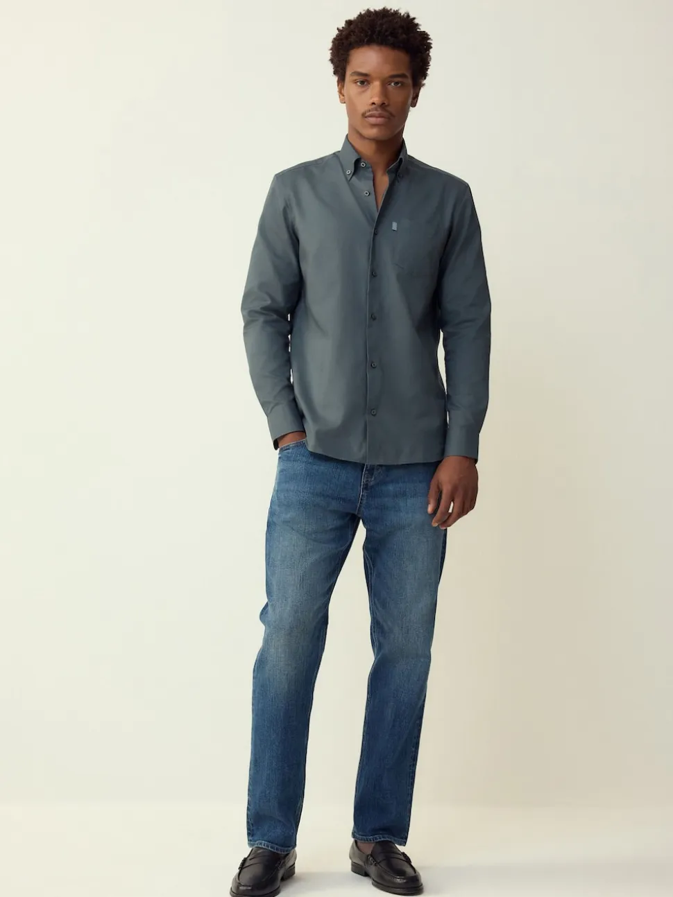Petrol Blue Regular Fit Button Down Easy Iron Oxford Shirt