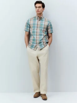 Petrol Blue/Neutral Madras Check Regular Fit Short Sleeve Easy Iron Button Down Oxford Shirt