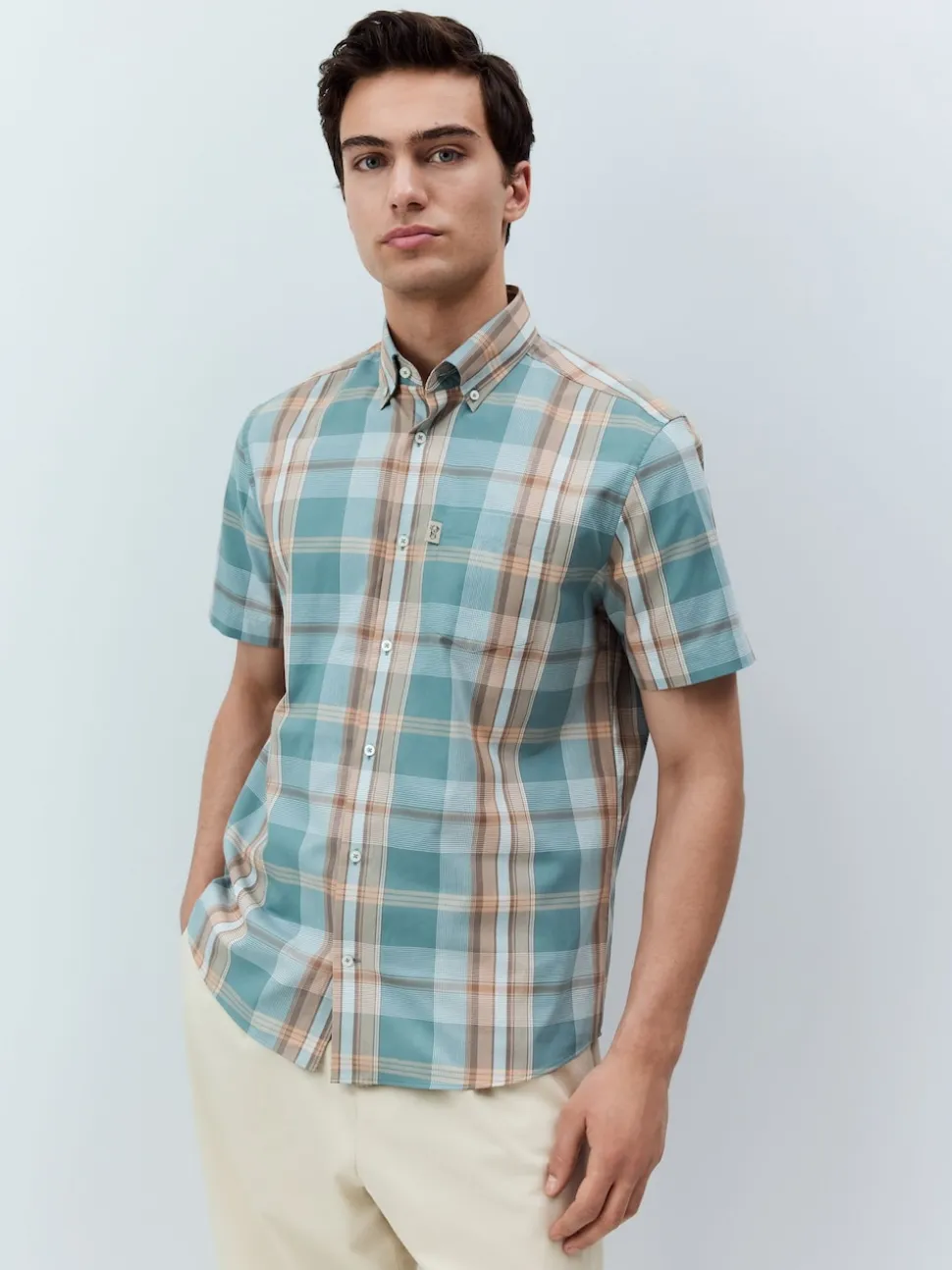 Petrol Blue/Neutral Madras Check Regular Fit Short Sleeve Easy Iron Button Down Oxford Shirt