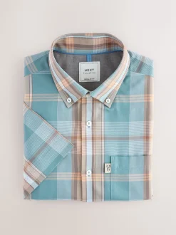 Petrol Blue/Neutral Madras Check Regular Fit Short Sleeve Easy Iron Button Down Oxford Shirt