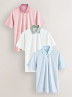 Pink / Blue / White Woven Collar Regular Fit Short Sleeve Jersey Polo Shirts 3 Pack