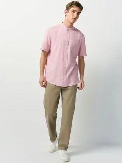 Pink Grandad Collar Cotton Linen Blend Short Sleeve Shirt