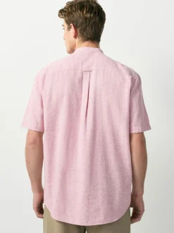 Pink Grandad Collar Cotton Linen Blend Short Sleeve Shirt