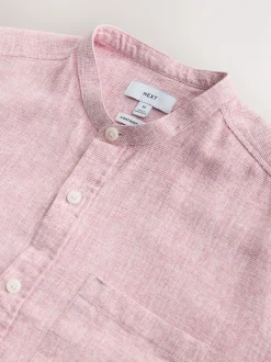 Pink Grandad Collar Cotton Linen Blend Short Sleeve Shirt