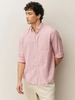 Pink Standard Collar Cotton Linen Blend Long Sleeve Shirt