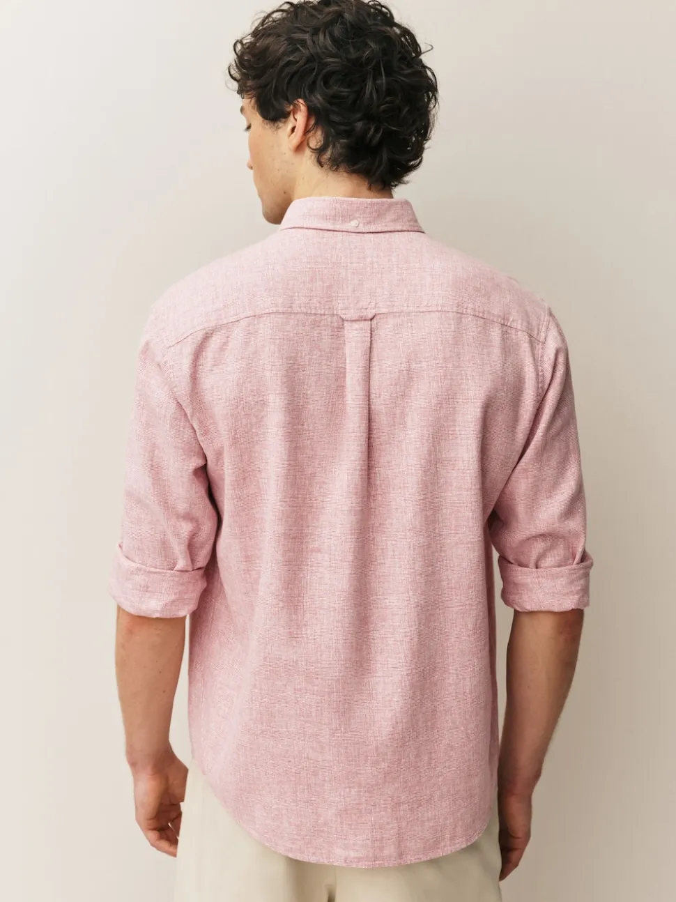 Pink Standard Collar Cotton Linen Blend Long Sleeve Shirt