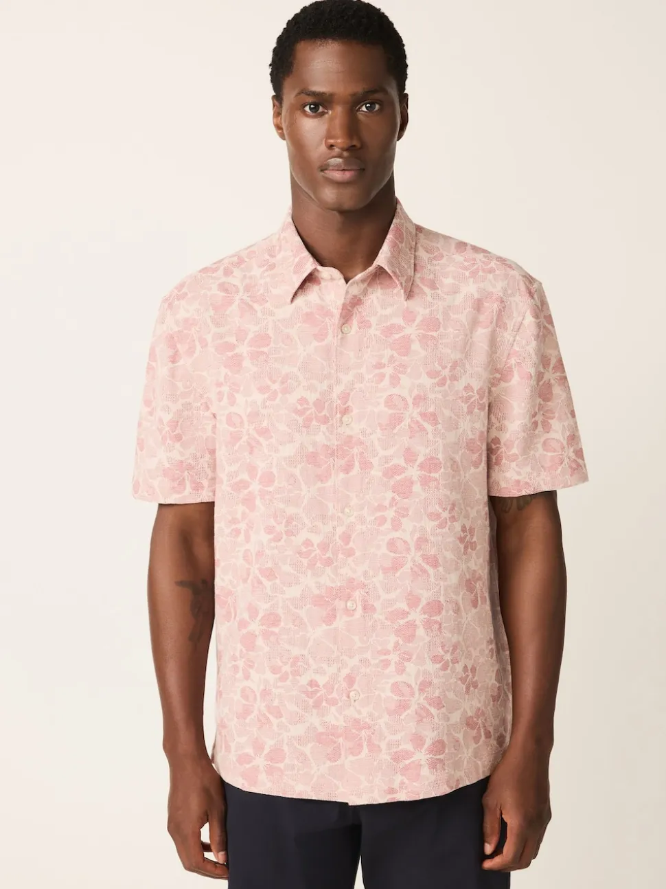 Pink Textured Floral Print Short Sleeve Shirt